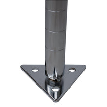 Close-up of the Novocal base plate - perfect for securely fastening free-standing shelves to the floor. The image shows detailed views of the triangular base with three holes, which is supplied as a single pack (1 piece) by Novocal.