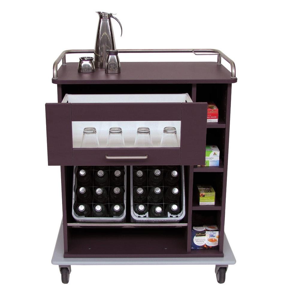 The Novocal Mobile Serving Cabinet features a robust full-plastic frame, drawers for glasses, storage space for beverage bottles, and side shelves for tea or coffee containers - ideal for hygienic transport.