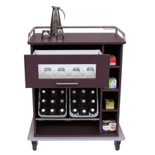 The Novocal Mobile Serving Cabinet features a robust full-plastic frame, drawers for glasses, storage space for beverage bottles, and side shelves for tea or coffee containers - ideal for hygienic transport.