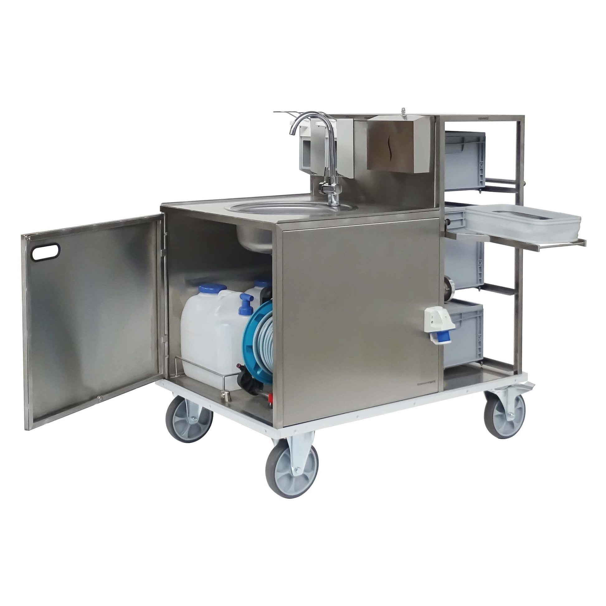 The Novocal fire brigade hygiene cart features a stainless steel frame, full-core Resopal panels, a built-in sink, open storage space, a soap dispenser, sturdy wheels, and an open cabinet with water containers and a coiled hose inside.