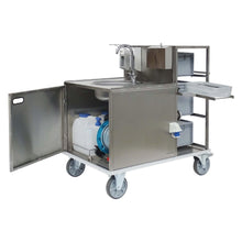 The Novocal fire brigade hygiene cart features a stainless steel frame, full-core Resopal panels, a built-in sink, open storage space, a soap dispenser, sturdy wheels, and an open cabinet with water containers and a coiled hose inside.