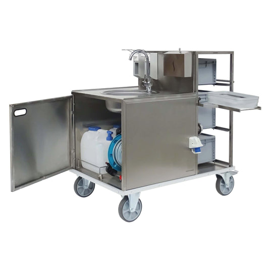 The Novocal fire brigade hygiene cart features a stainless steel frame, full-core Resopal panels, a built-in sink, open storage space, a soap dispenser, sturdy wheels, and an open cabinet with water containers and a coiled hose inside.