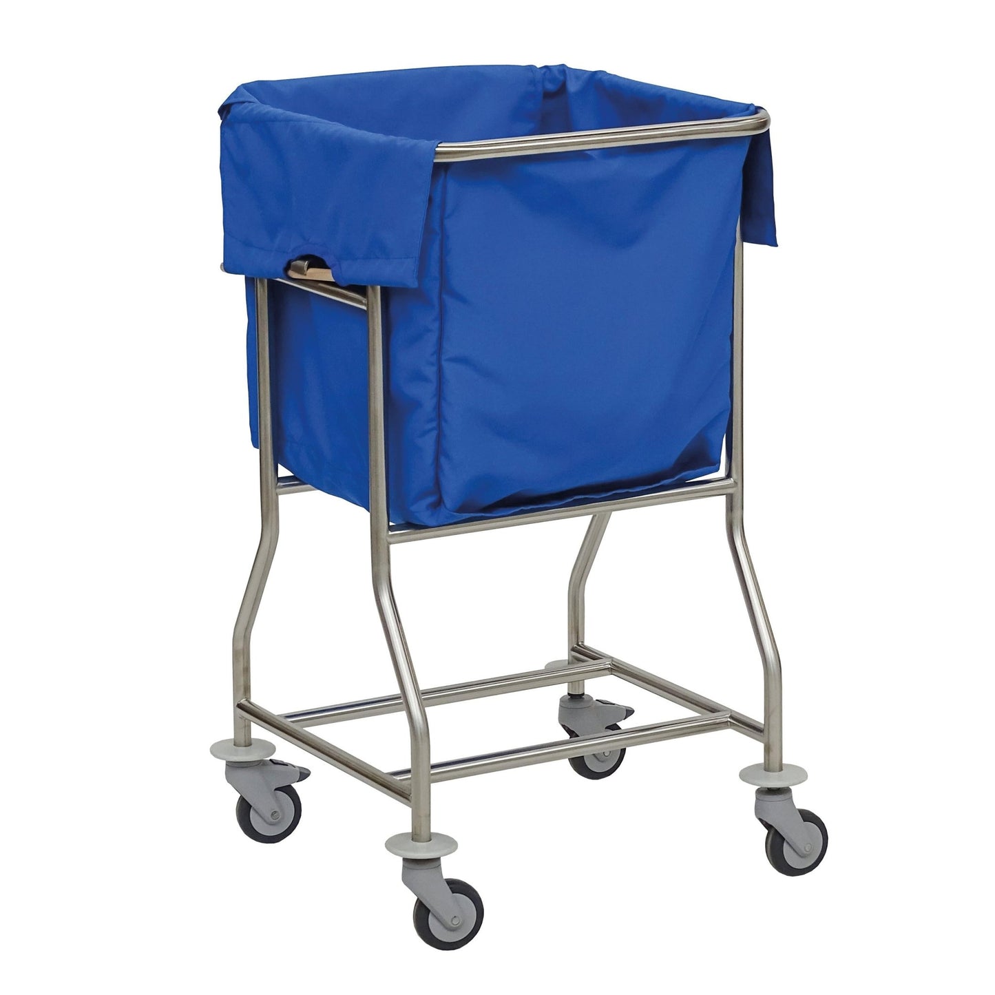 The Novocal fresh laundry collector, pictured empty against a solid-colored background, features a blue fabric bag, a sturdy stainless steel frame with all-around welded connections, and four swivel casters - ideal for laundry storage.