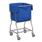 The Novocal fresh laundry collector, pictured empty against a solid-colored background, features a blue fabric bag, a sturdy stainless steel frame with all-around welded connections, and four swivel casters - ideal for laundry storage.