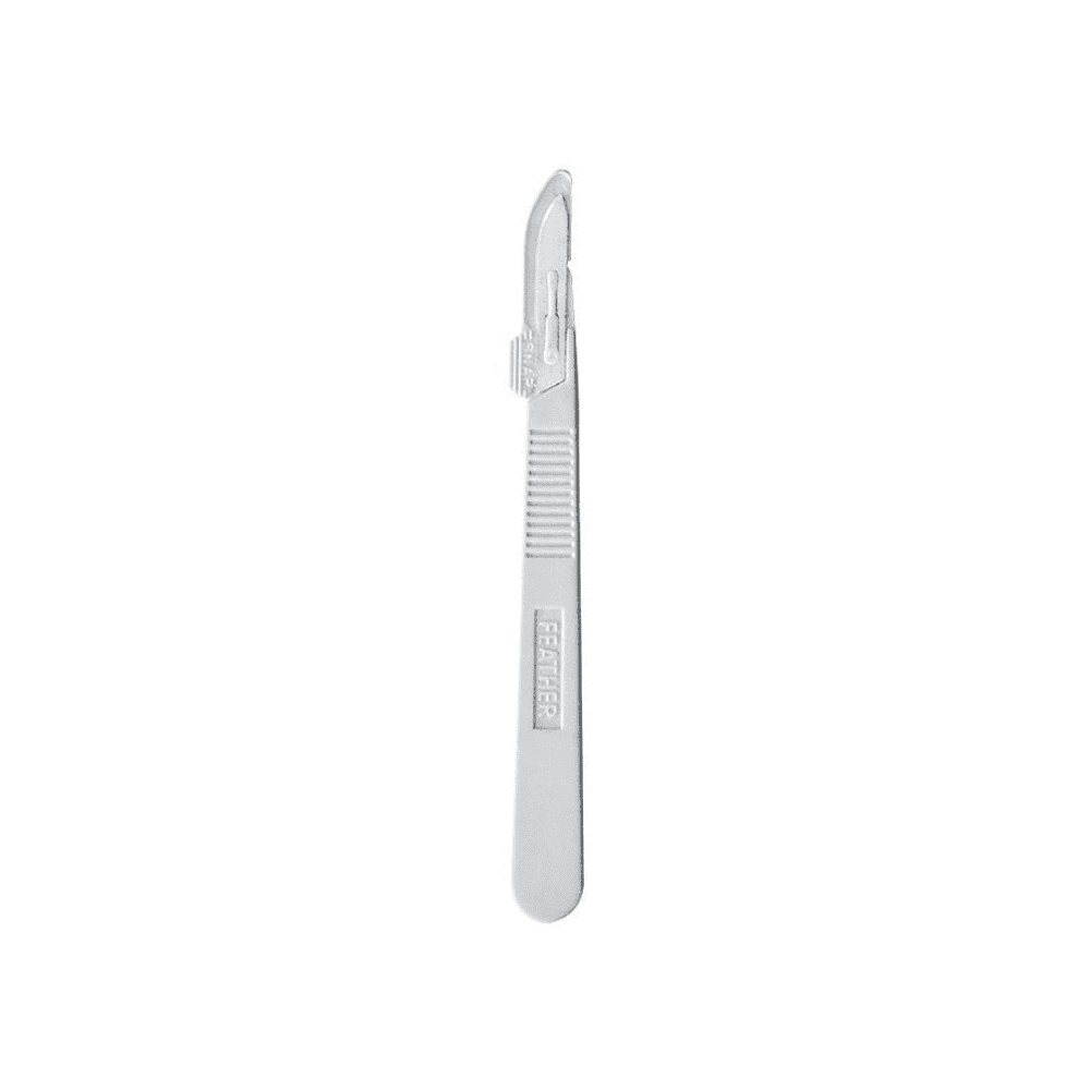 A gray surgical scalpel made of stainless steel features a curved blade and a textured handle for better grip. The brand name "Servoprax GmbH" is visible on the handle. This Feather disposable scalpel for single use is placed on a white background and thus packaged sterilely to ensure optimal hygiene.