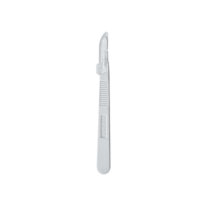 A gray surgical scalpel made of stainless steel features a curved blade and a textured handle for better grip. The brand name "Servoprax GmbH" is visible on the handle. This Feather disposable scalpel for single use is placed on a white background and thus packaged sterilely to ensure optimal hygiene.