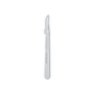 A gray surgical scalpel made of stainless steel features a curved blade and a textured handle for better grip. The brand name "Servoprax GmbH" is visible on the handle. This Feather disposable scalpel for single use is placed on a white background and thus packaged sterilely to ensure optimal hygiene.