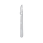A Feather disposable scalpel from Servoprax GmbH, with a gray plastic handle and a stainless steel blade, is packaged sterilely and presented against a white background.