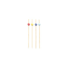 Four 12 cm large PAPSTAR finger food skewers, each decorated with a striped bead in red, yellow, blue, and light blue, are arranged in a row. The stylish products of PAPSTAR GmbH are made as sustainable disposable products and rest elegantly on a simple white background.
