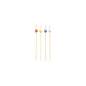 Four 12 cm large PAPSTAR finger food skewers, each decorated with a striped bead in red, yellow, blue, and light blue, are arranged in a row. The stylish products of PAPSTAR GmbH are made as sustainable disposable products and rest elegantly on a simple white background.