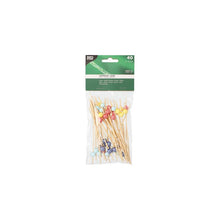 A pack of 40 PAPSTAR finger food picks 12 cm, with colorful plastic flags in various shapes and colors. The packaging of PAPSTAR GmbH is topped with a green-white label indicating the quantity and size of the decorative bamboo skewers.