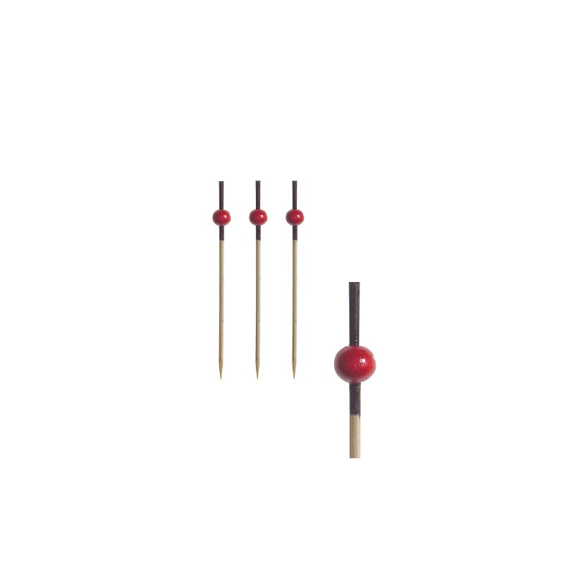Three PAPSTAR finger food picks, each adorned with red beads, stand upright next to a close-up of a similar pick on a white background. This motif is part of the 7 cm collection from PAPSTAR GmbH, available in packs of 40 pieces.