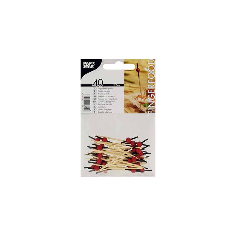 A pack of PAPSTAR finger food picks from PAPSTAR GmbH contains 40 bamboo skewers with red knob handles. The transparent packaging reveals the sustainable skewers and includes a label that shows a picture of the skewers in use alongside the product details.