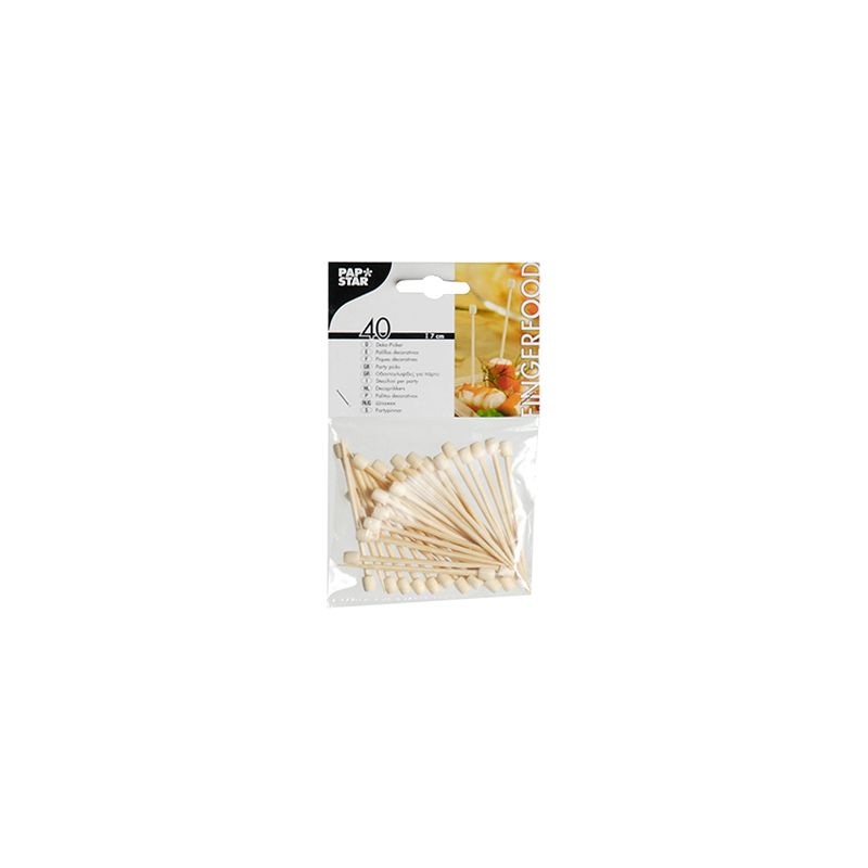 A set of 40 PAPSTAR finger food skewers, each 7 cm tall and with various motifs, is lovingly presented by PAPSTAR GmbH in a transparent plastic bag with a cardboard label. The skewers are artfully fanned out, and the label is decorated with text and decorative finger food motifs.