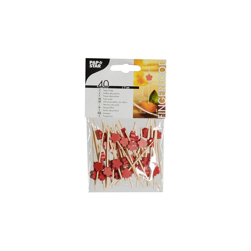On a simple white background, a pack of 40 PAPSTAR finger food picks in various designs and a length of 7 cm is depicted. The bamboo skewers with red ornaments from PAPSTAR GmbH are shown on the packaging and placed in a bowl, ideal for serving appetizers or small snacks.