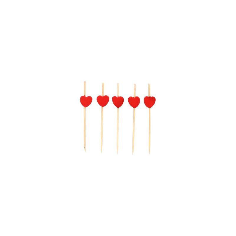 Five bamboo toothpicks from the PAPSTAR finger food pick collection 7 cm, with the red heart design, are perfect for sustainable finger food and are evenly arranged in a row on a white background.