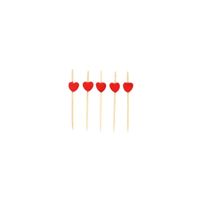 Five bamboo toothpicks from the PAPSTAR finger food pick collection 7 cm, with the red heart design, are perfect for sustainable finger food and are evenly arranged in a row on a white background.