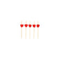 Five bamboo toothpicks from the PAPSTAR finger food pick collection 7 cm, with the red heart design, are perfect for sustainable finger food and are evenly arranged in a row on a white background.