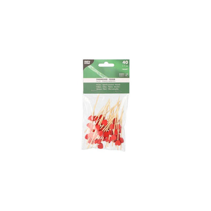 In a small plastic bag from PAPSTAR GmbH, there are 40 sustainable wooden toothpicks with a red, round tip. The packaging is perfect as a finger food pick and is adorned with white text on a green background.