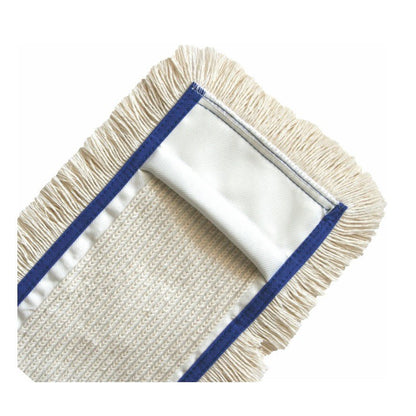 A close-up of the Arcora First Mop Blue from Arcora International GmbH - a rectangular mop head with beige fringes, a textured cleaning surface, and a blue edge - ideal for maintenance cleaning of various floor coverings on a white background.