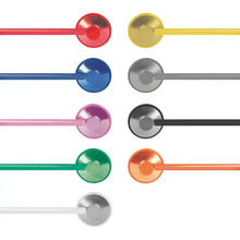 Nine colorful cables with round plugs, free of latex and nickel, are arranged in two columns on a white background. The colors – red, yellow, blue, gray, pink, black, green, orange, and white – are as striking as the paint of a flathead stethoscope Model Sister from Servoprax GmbH.