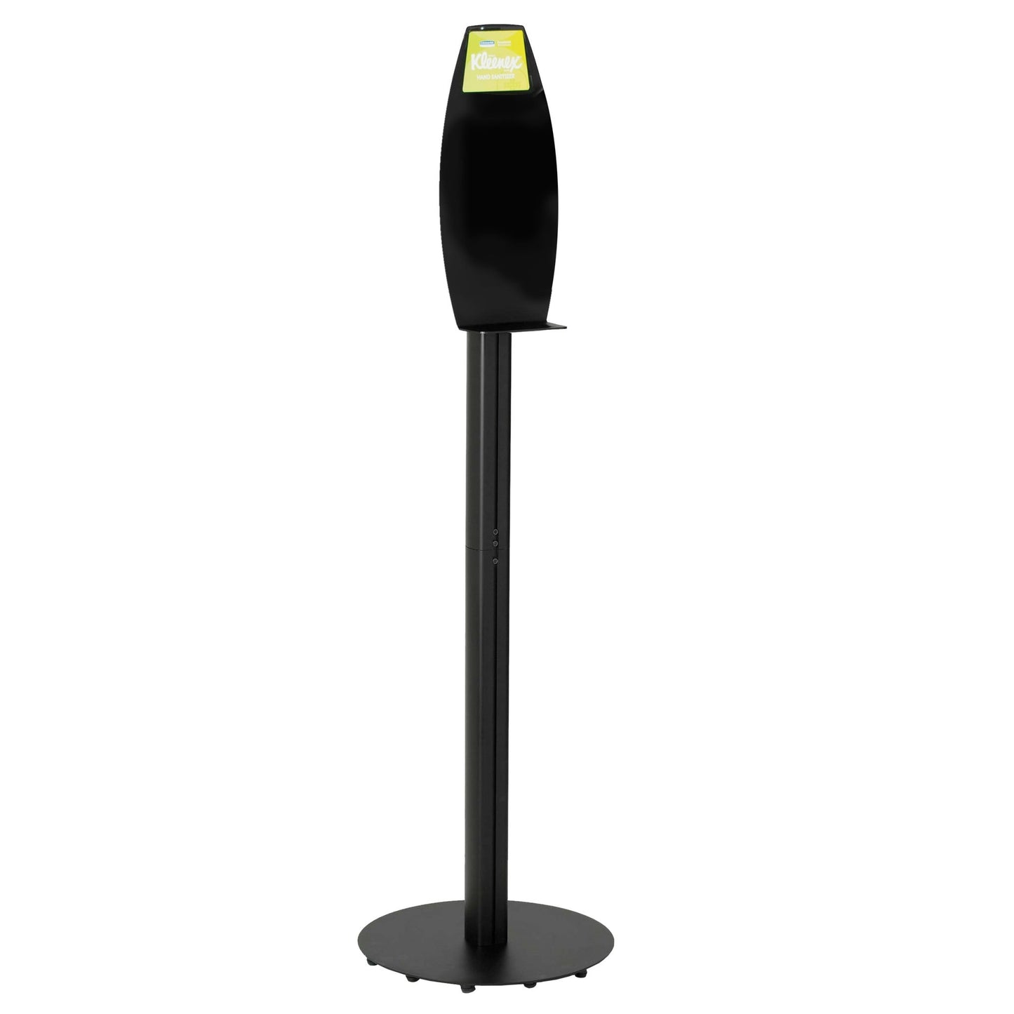 The black Kimberly-Clark Professional™ Electronic Lotion Stand features a round base, an upright rectangular holder, a small shelf, and a green sign - ideal for hygienic hand cleaning in public areas. 1 dispenser per carton. Brand: Kimberly-Clark GmbH.