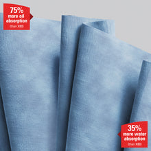 Close-up of the blue WypAll® X90 PowerClean jumbo roll from Kimberly-Clark GmbH, with text: "75% more oil absorption (than X80)" at the top left and "35% more water absorption (than X80)" at the bottom right. 1 roll x 450 sheets per box.