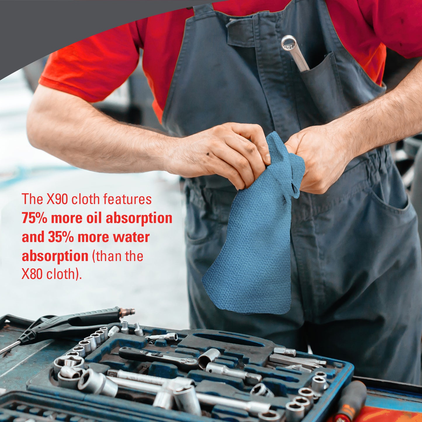 A person in a gray overall and red shirt uses a blue WypAll® X90 PowerClean jumbo roll (Kimberly-Clark GmbH) near mechanic tools to highlight the superior oil and water absorption capability compared to the X80 cloth. 1 roll, 450 sheets per box.