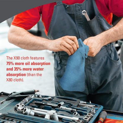 A person in a gray overall and red shirt uses a blue WypAll® X90 PowerClean jumbo roll (Kimberly-Clark GmbH) near mechanic tools to highlight the superior oil and water absorption capability compared to the X80 cloth. 1 roll, 450 sheets per box.