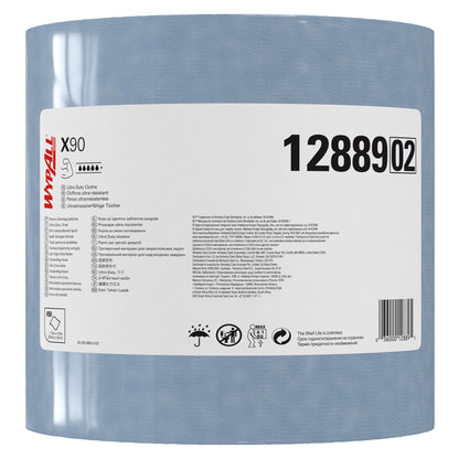 A large roll of blue WypAll® X90 PowerClean (Kimberly-Clark GmbH), product number 12889, with a white label featuring application instructions, certifications, and symbols; contains 450 sheets per roll in a box.