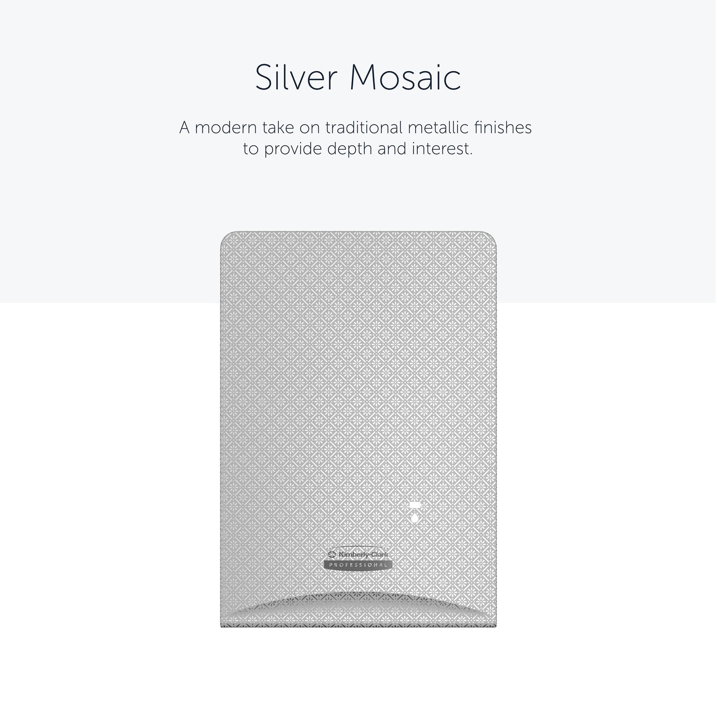 The rectangular Kimberly-Clark Professional™ Icon™ Dispenser Faceplate - eSkinCare (20.32 x 27.30 x 3.81 cm) from Kimberly-Clark GmbH features a modern metallic design and is ideal for enhancing washroom accessories or dispenser covers.