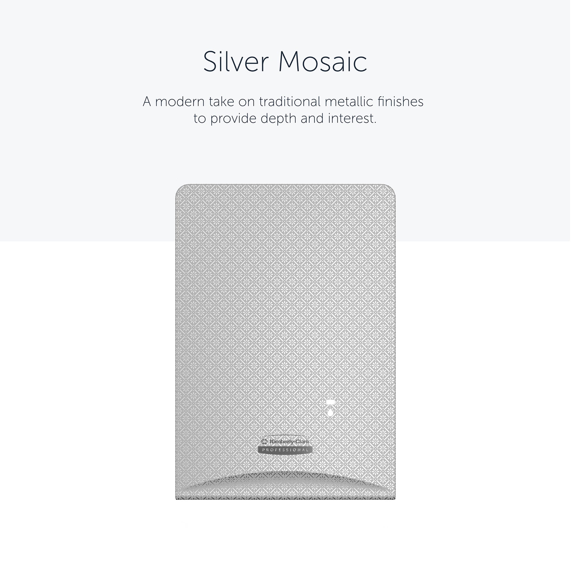 The rectangular Kimberly-Clark Professional™ Icon™ Dispenser Faceplate - eSkinCare (20.32 x 27.30 x 3.81 cm) from Kimberly-Clark GmbH features a modern metallic design and is ideal for enhancing washroom accessories or dispenser covers.