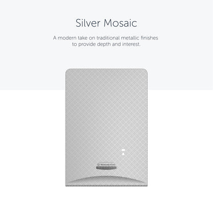 The rectangular Kimberly-Clark Professional™ Icon™ Dispenser Faceplate - eSkinCare (20.32 x 27.30 x 3.81 cm) from Kimberly-Clark GmbH features a modern metallic design and is ideal for enhancing washroom accessories or dispenser covers.