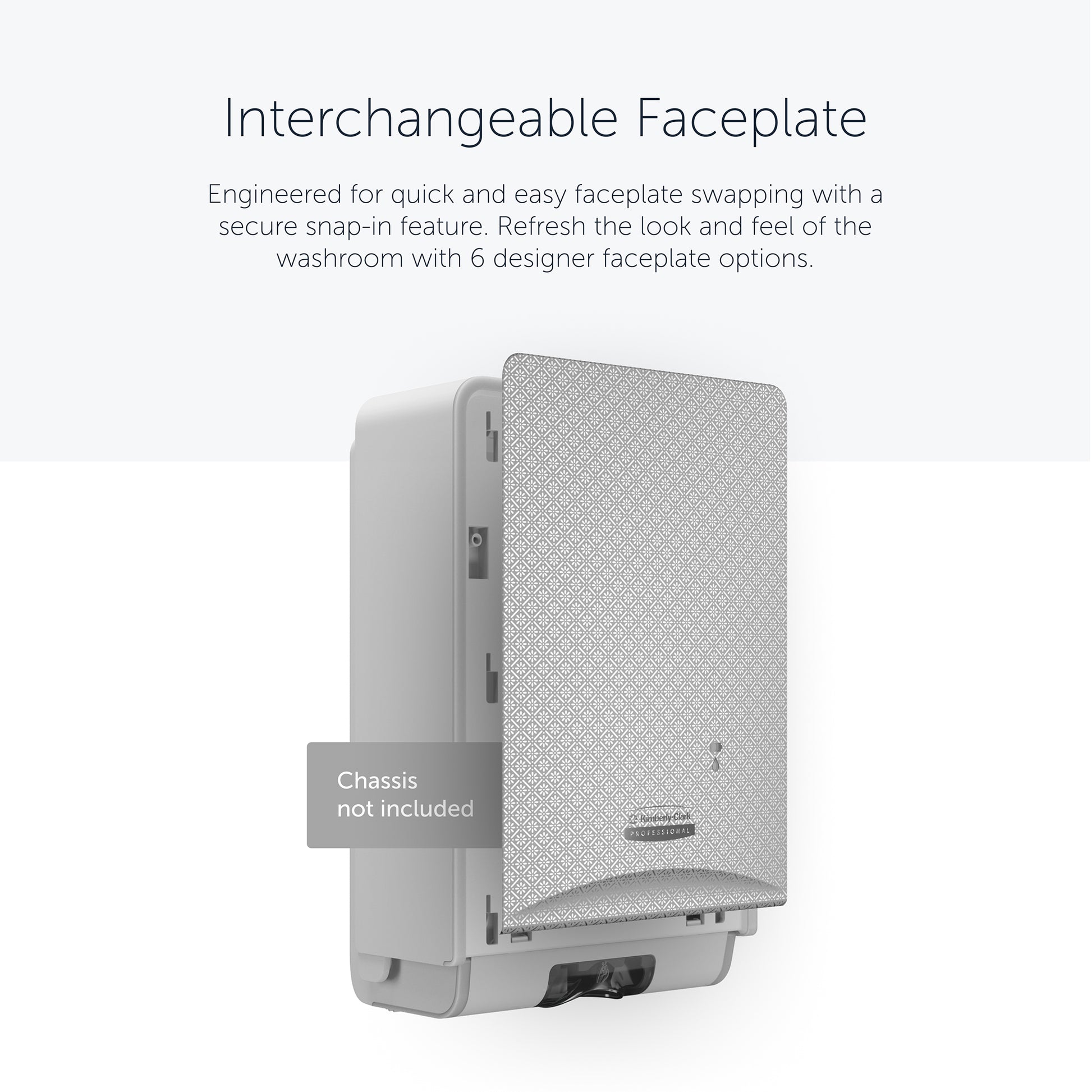The Kimberly-Clark Professional™ Icon™ Dispenser Faceplate - eSkinCare (20.32 x 27.30 x 3.81 cm) from Kimberly-Clark GmbH is shown wall-mounted; label instructions are not included. Easily replaceable front plate - an essential washroom accessory.