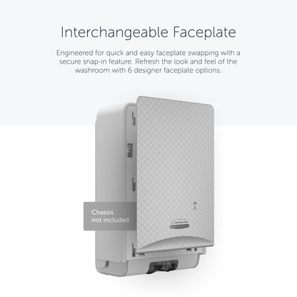 The Kimberly-Clark Professional™ Icon™ Dispenser Faceplate - eSkinCare (20.32 x 27.30 x 3.81 cm) from Kimberly-Clark GmbH is shown wall-mounted; label instructions are not included. Easily replaceable front plate - an essential washroom accessory.