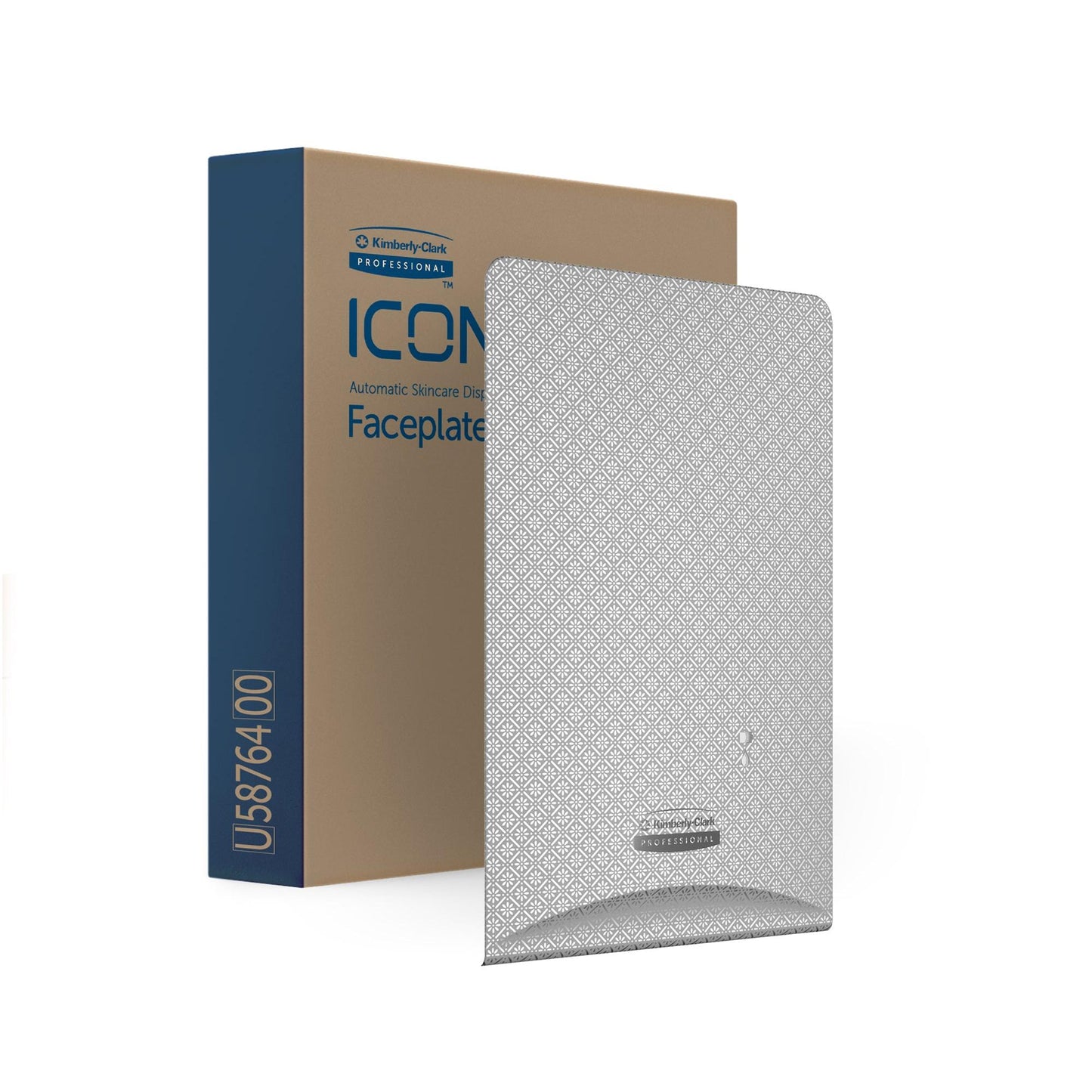 The Kimberly-Clark Professional™ Icon™ Dispenser Faceplate - eSkinCare (20.32 x 27.30 x 3.81 cm) from Kimberly-Clark GmbH is presented in a brown-blue box with a light gray diamond pattern and the brand logo at the bottom.