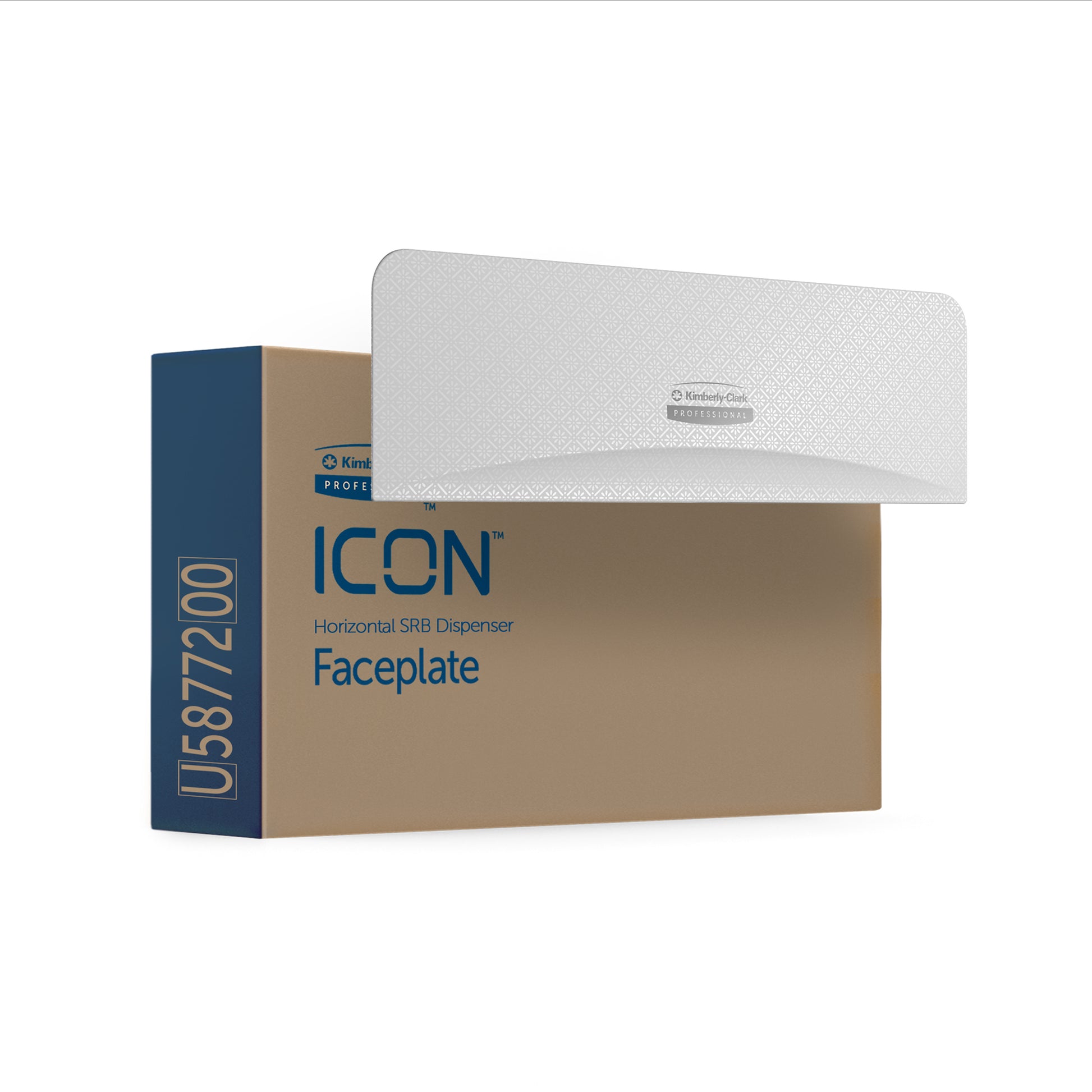 A white-patterned Kimberly-Clark Professional™ Icon™ Dispenser Faceplate - SRBH from Kimberly-Clark GmbH leans against a brown ICON Horizontal SRB Dispenser Box labeled "Faceplate" with product number U5877200 on the side.