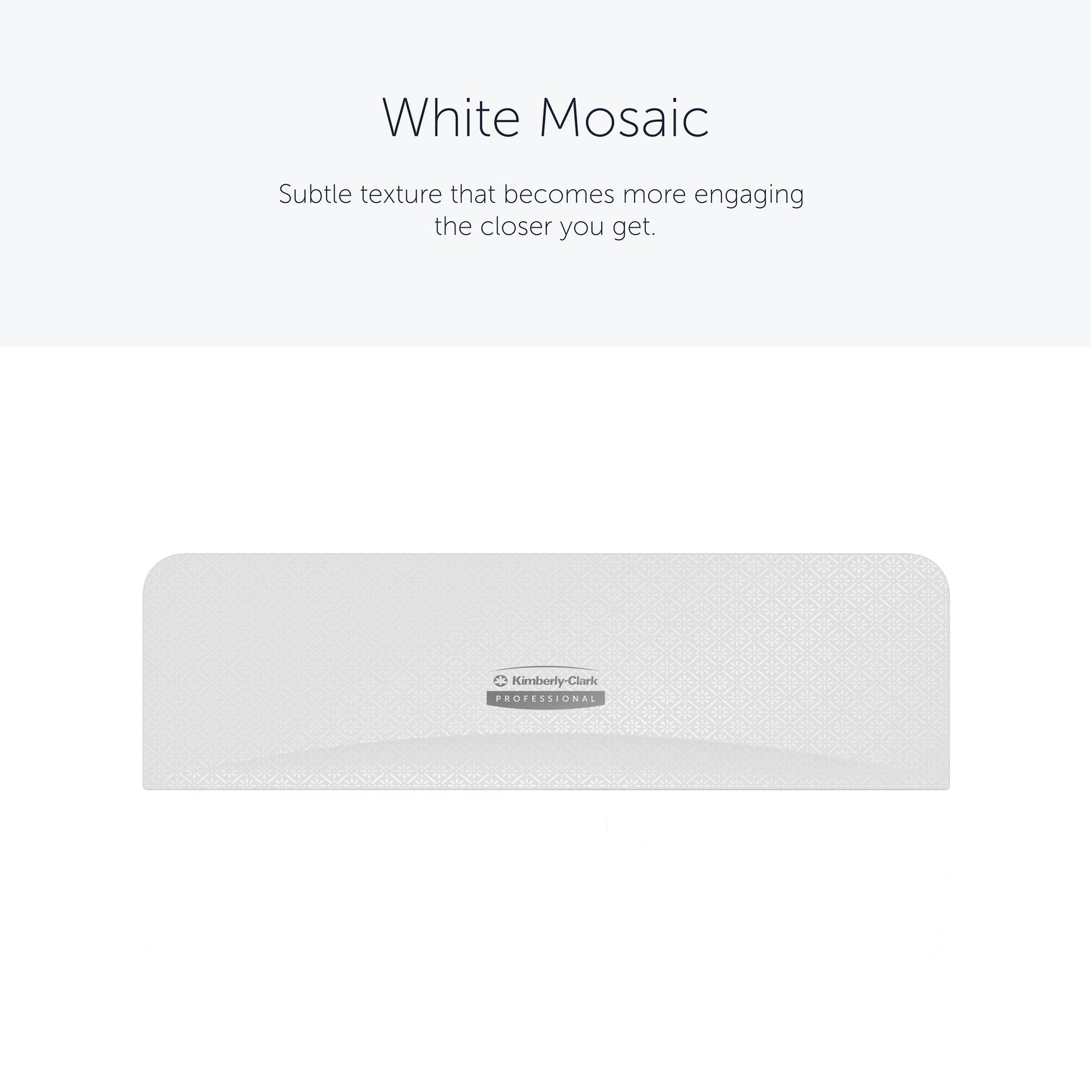 The Kimberly-Clark Professional™ Icon™ Dispenser Faceplate - SRBH (32.39 x 10.80 x 3.18 cm) from Kimberly-Clark GmbH features a white mosaic pattern with a subtle geometric structure and the "Kimberly-Clark Professional" lettering in the center of the front.