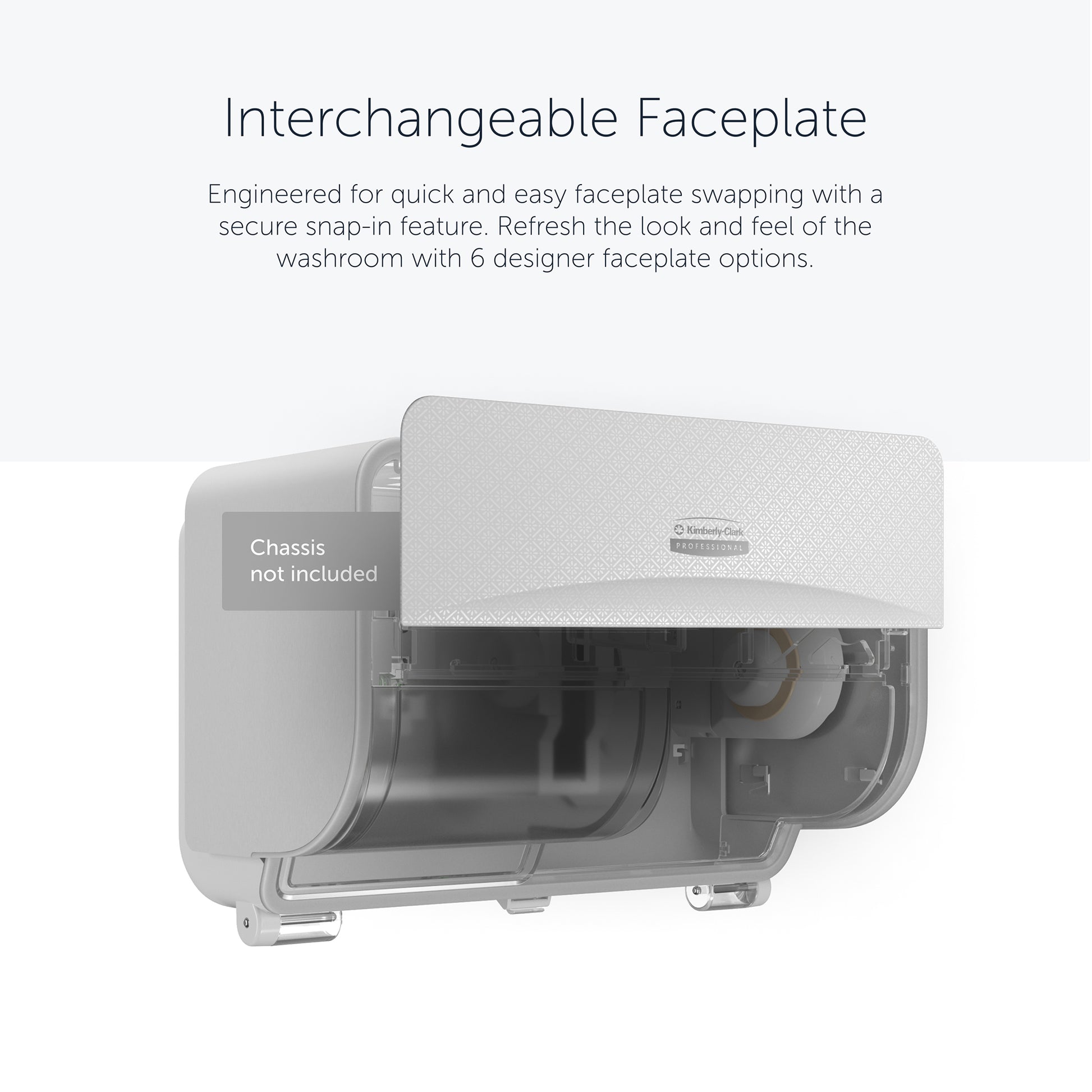 A wall-mounted Kimberly-Clark Professional™ Icon™ dispenser with a durable, textured SRBH front plate (32.39 x 10.80 x 3.18 cm) is partially open, showing the easily replaceable design; only the front plate - chassis not included. Brand: Kimberly-Clark GmbH.