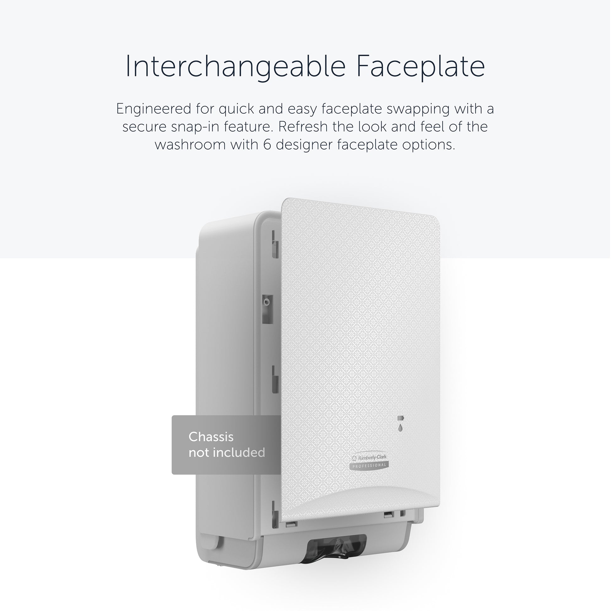 A Kimberly-Clark Professional™ Icon™ Dispenser Faceplate - eSkinCare (20.32 x 27.30 x 3.81 cm) from Kimberly-Clark GmbH is partially open with a snap-in feature shown; housing not included; choose from six designer faceplate options.