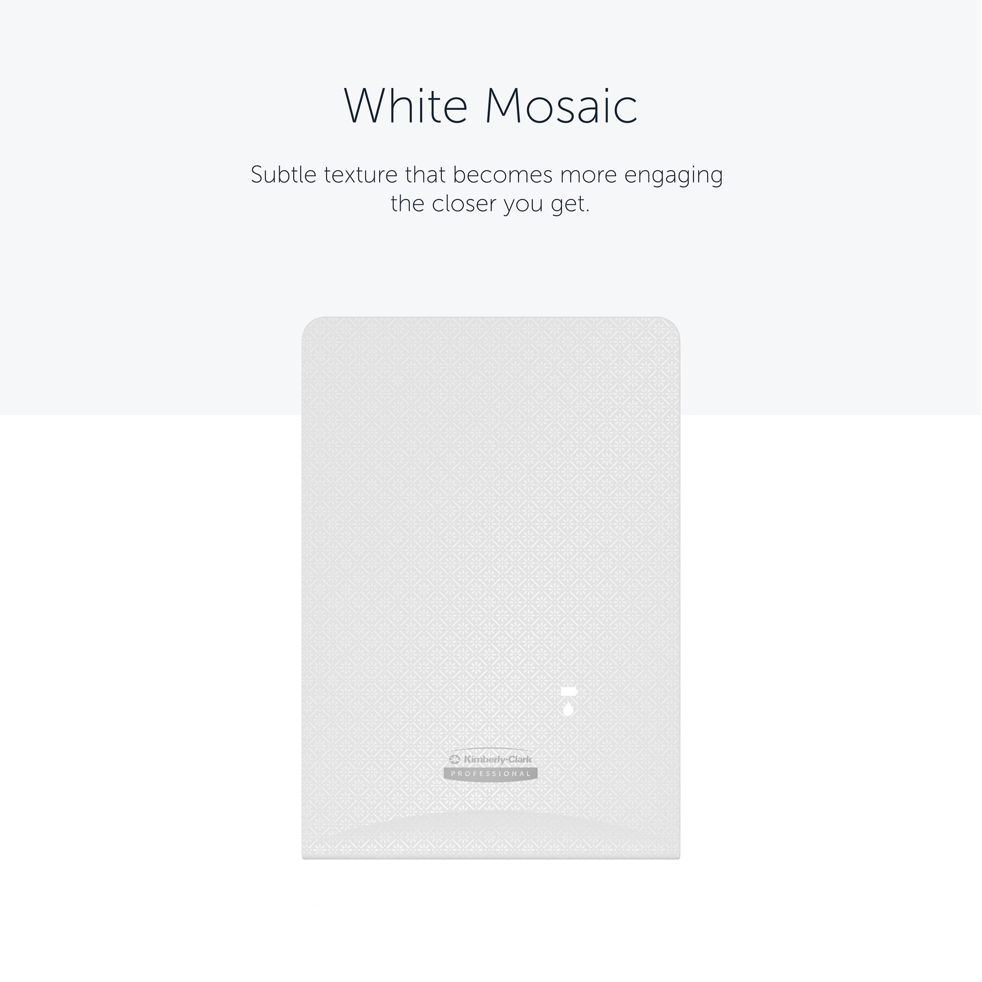 The rectangular white Kimberly-Clark Professional™ Icon™ Dispenser Faceplate - eSkinCare (20.32x27.30x3.81 cm) from Kimberly-Clark GmbH features a subtle mosaic texture and branding that fits perfectly in any washroom.