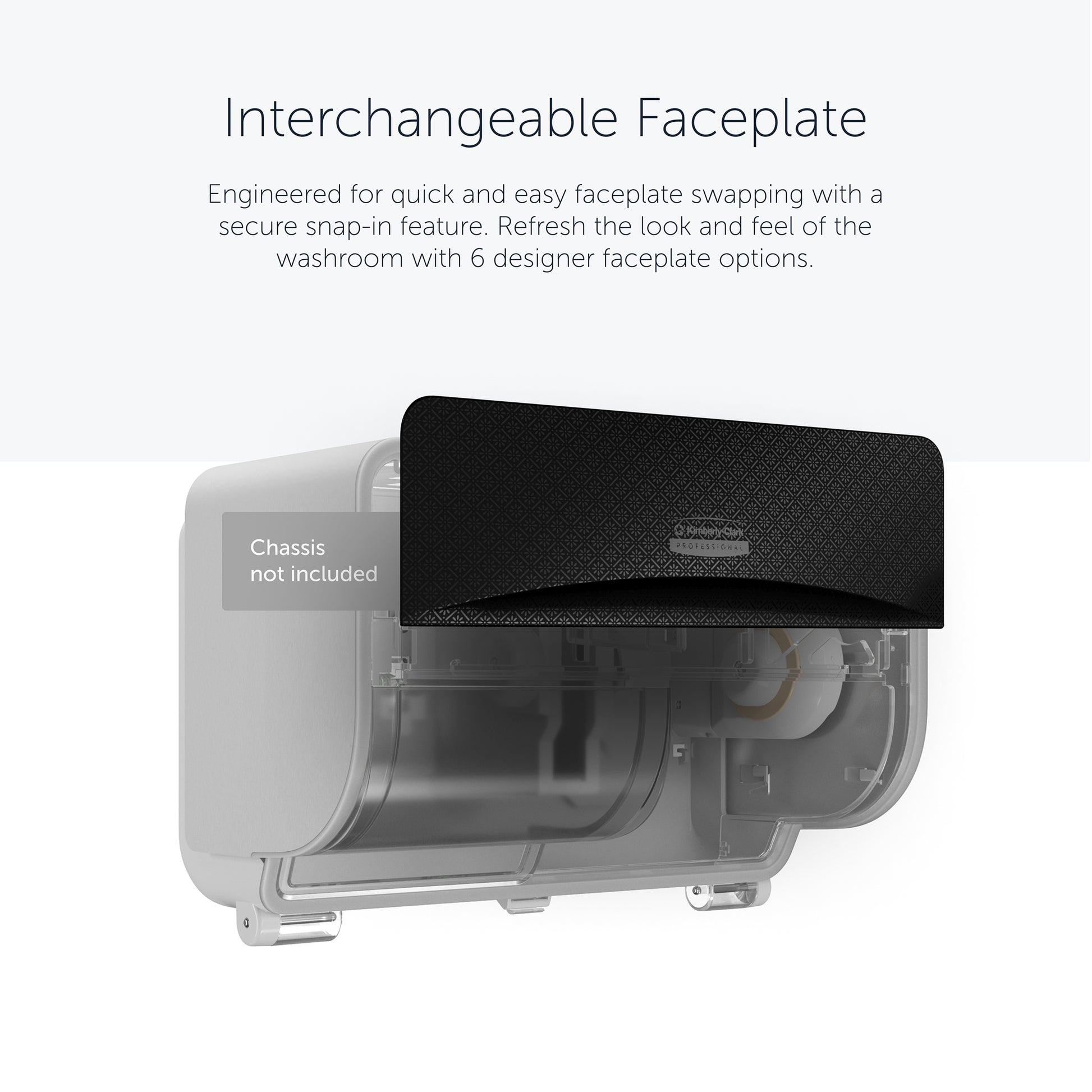 The Kimberly-Clark Professional™ Icon™ Dispenser Faceplate - SRBH (32.39 x 10.80 x 3.18 cm) from Kimberly-Clark GmbH snaps onto the transparent Icon dispenser chassis; six design options available. Chassis not included.