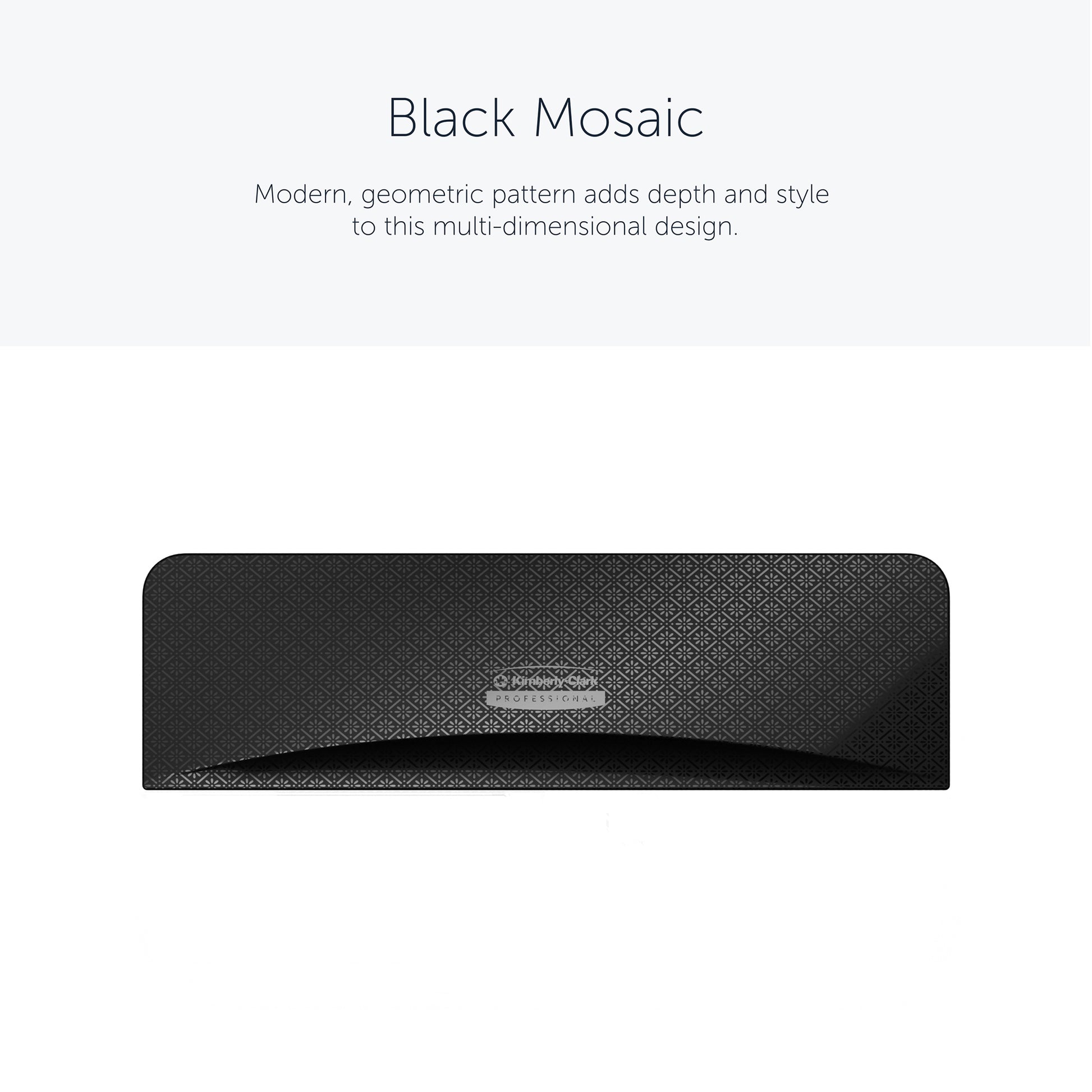 A rectangular black Kimberly-Clark Professional™ Icon™ Dispenser Faceplate - SRBH (32.39 cm x 10.80 cm x 3.18 cm) with geometric mosaic design is centered on a white background; "Black Mosaic" appears above, highlighting the durable style of Kimberly-Clark GmbH.