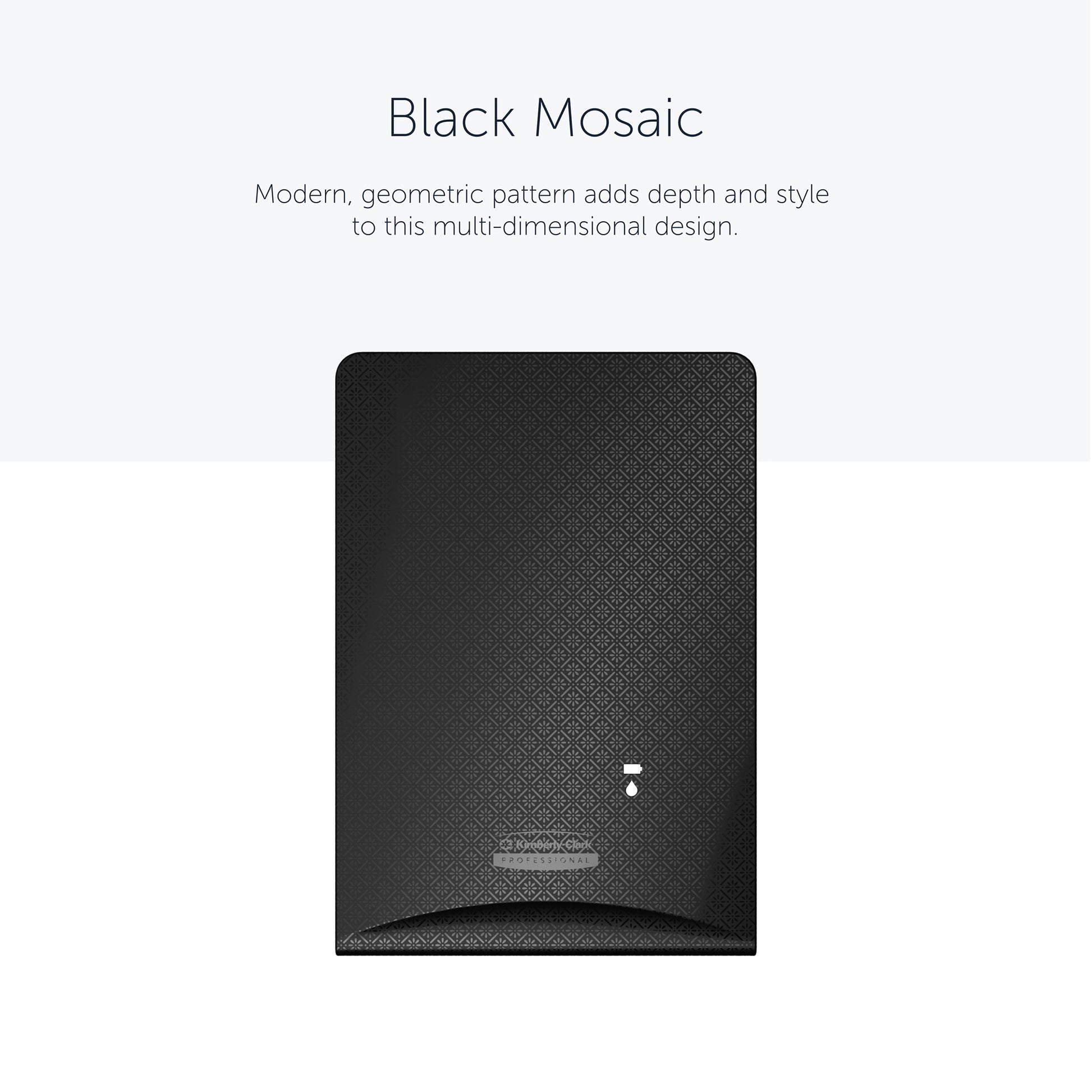 The Kimberly-Clark Professional™ Icon™ Dispenser Faceplate, Black Mosaic, from Kimberly-Clark GmbH features a modern geometric mosaic design that adds depth to any washroom. Size: 20.32 cm x 27.30 cm x 3.81 cm.