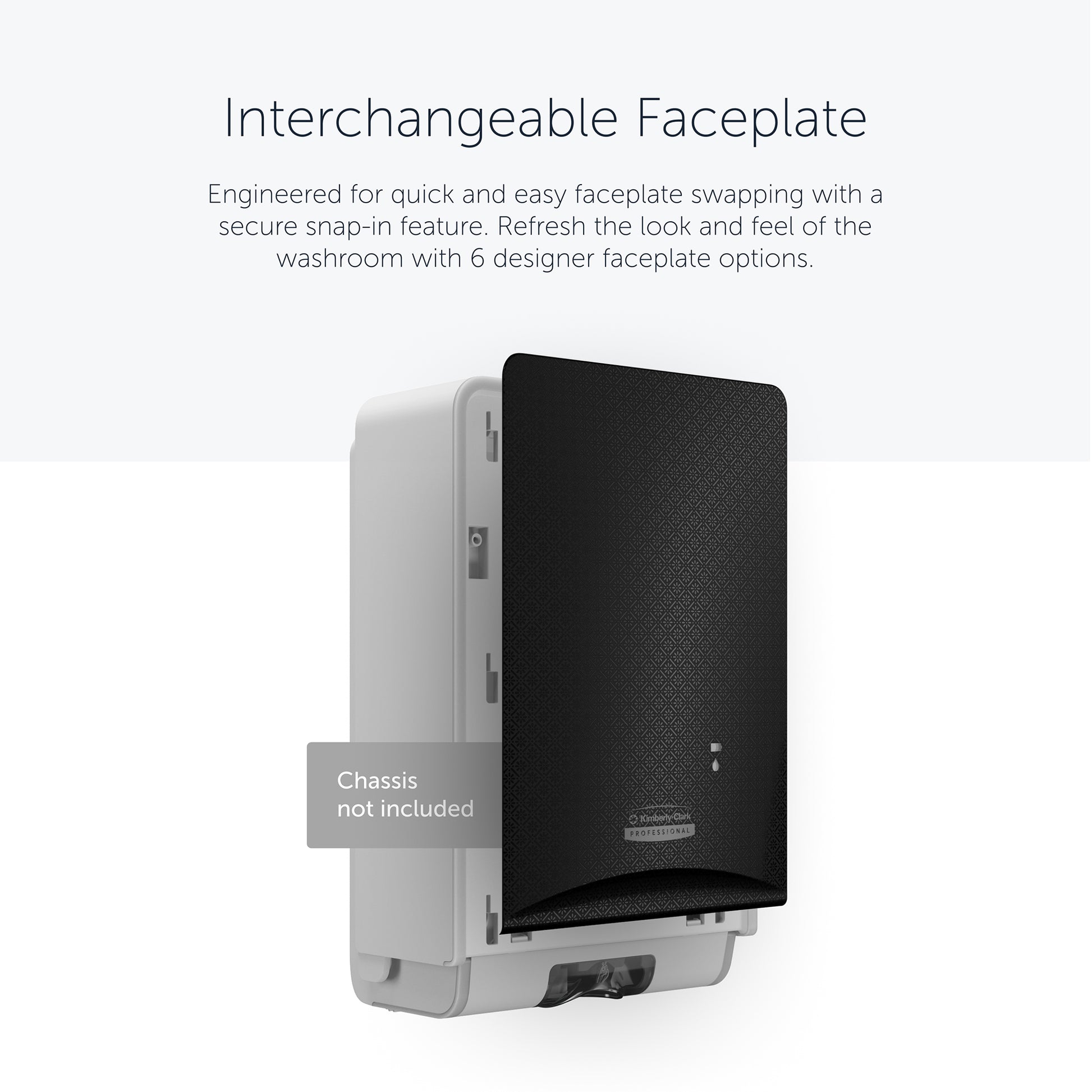 The Kimberly-Clark Professional™ Icon™ Dispenser Faceplate - eSkinCare (20.32 x 27.30 x 3.81 cm) from Kimberly-Clark GmbH is partially open and easily replaceable; housing not included.