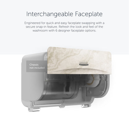 A wall-mounted Kimberly-Clark GmbH Professional™ Icon™ dispenser features a durable, interchangeable SRBH front plate (32.39 x 10.80 x 3.18 cm) with a transparent area showing the internal components and customizable design options.