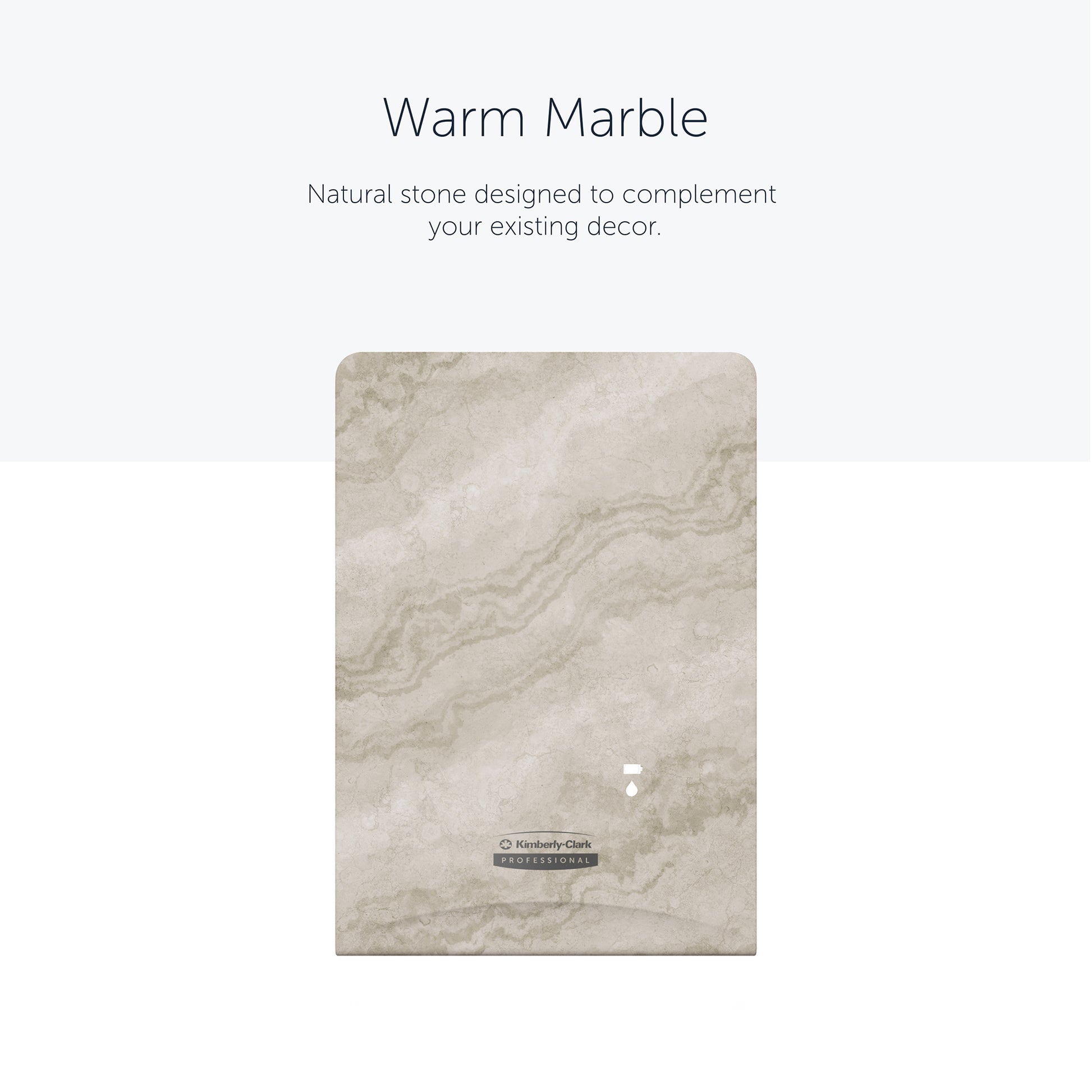A sample of the Kimberly-Clark Professional™ Icon™ Dispenser Faceplate - eSkinCare (20.32 x 27.30 x 3.81 cm) from Kimberly-Clark GmbH with a warm beige and light brown marble pattern is centered on a plain background to enhance the washroom.