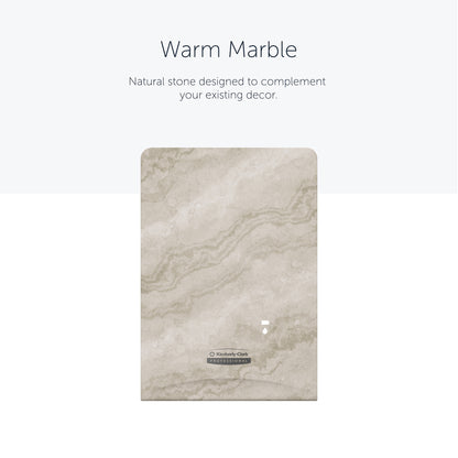 A sample of the Kimberly-Clark Professional™ Icon™ Dispenser Faceplate - eSkinCare (20.32 x 27.30 x 3.81 cm) from Kimberly-Clark GmbH with a warm beige and light brown marble pattern is centered on a plain background to enhance the washroom.