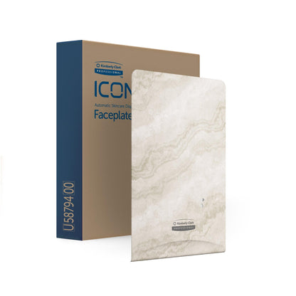 A Kimberly-Clark GmbH Professional™ Icon™ Dispenser Faceplate for eSkinCare (20.32 x 27.30 x 3.81 cm) stands next to the "Faceplate" box, which makes any washroom elegant with its beige marble design.