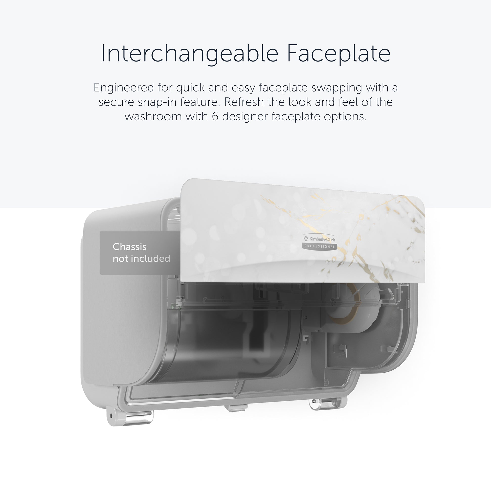 A Kimberly-Clark GmbH Icon™ Dispenser Faceplate-SRBH in a marble pattern is partially shown as transparent, highlighting the durable, interchangeable snap-in design (32.39x10.80x3.18 cm). Chassis not included.